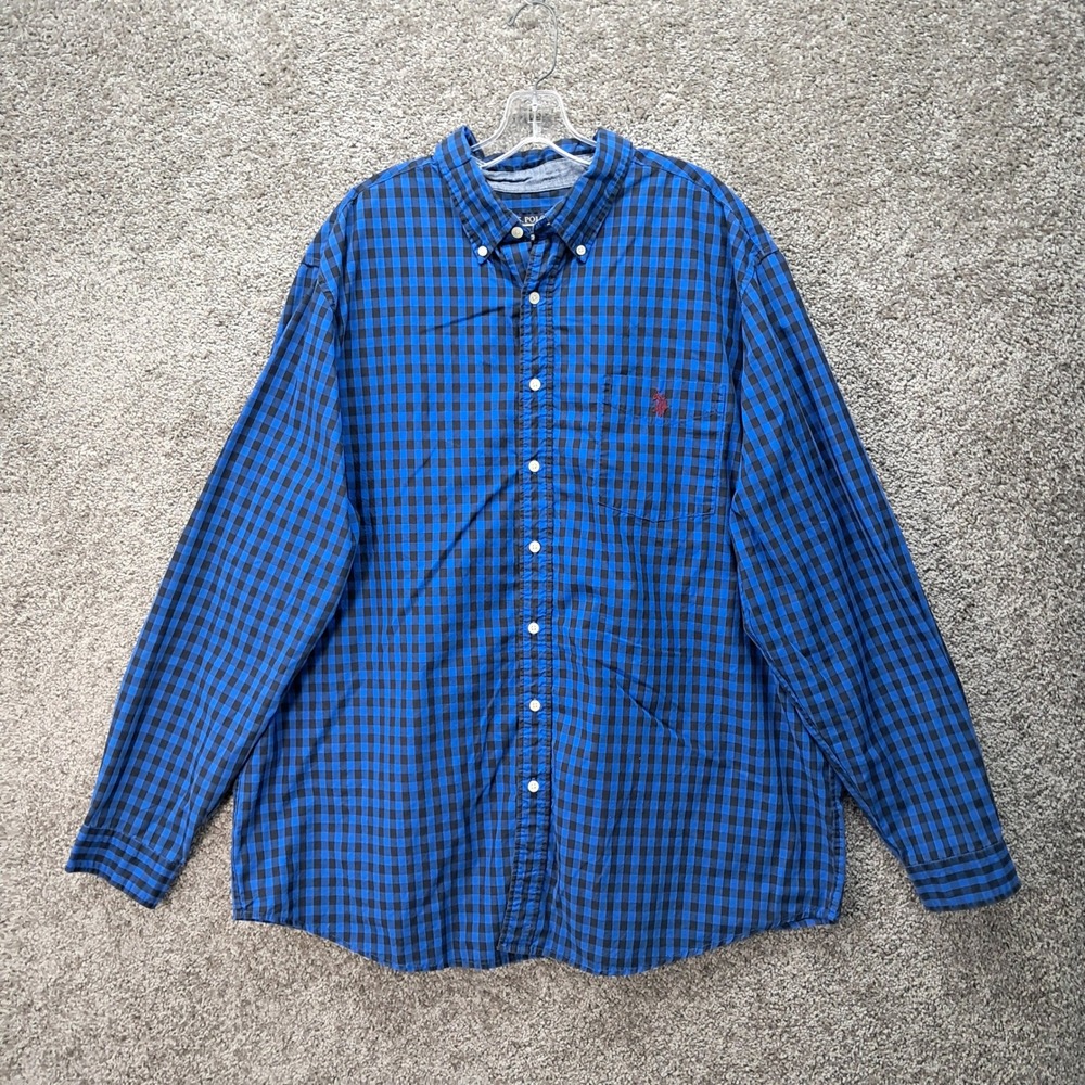 US Polo Assn Mens XLT Blue Black Gingham Long Sleeve Button Down Shirt 8122